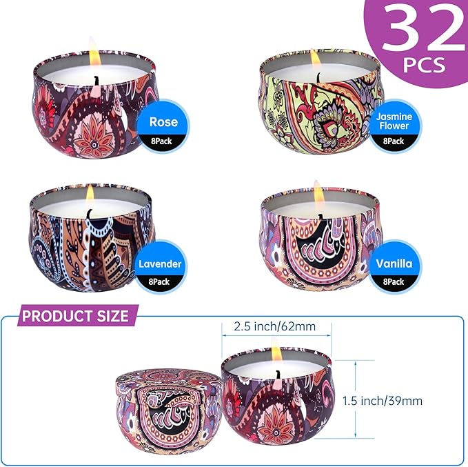 32 Pack Scented Candles Gift Set, Natural Soy Wax Travel Tin Candles for Home Scented, Ideal for Christmas, Birthday, Thanksgiving, Valentines Day Gifts