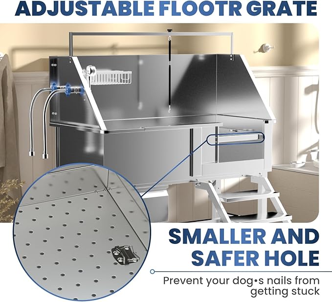 46" Dog Washing Station, Professional Stainless Steel Dog Bathtub w/Ramp & Storage Drawer, Adjustable Grate, Non-Slip Design, Home Grooming & Large Dogs (Right Stair)
