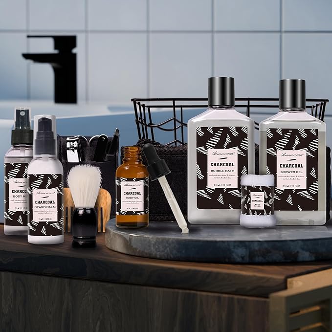 Father Day Gift for Men Spa Gifts for Men, Charcoal Bath and Body Gift Set for Men, 10 Pcs Spa Kits Ideal Birthday, Christmas. Men's Relaxation Bath Baskets, Self Care Kit