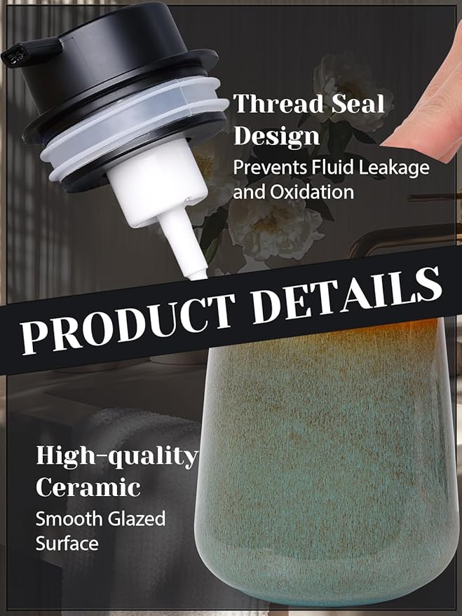 INGOFIN Ceramic Foaming Soap Dispenser -12oz Foam Hand Soap Dispenser Bathroom, Modern Refillable Dish Wash Soap Bottle for Kitchen with Large Pump -Kiln-Glazed Green