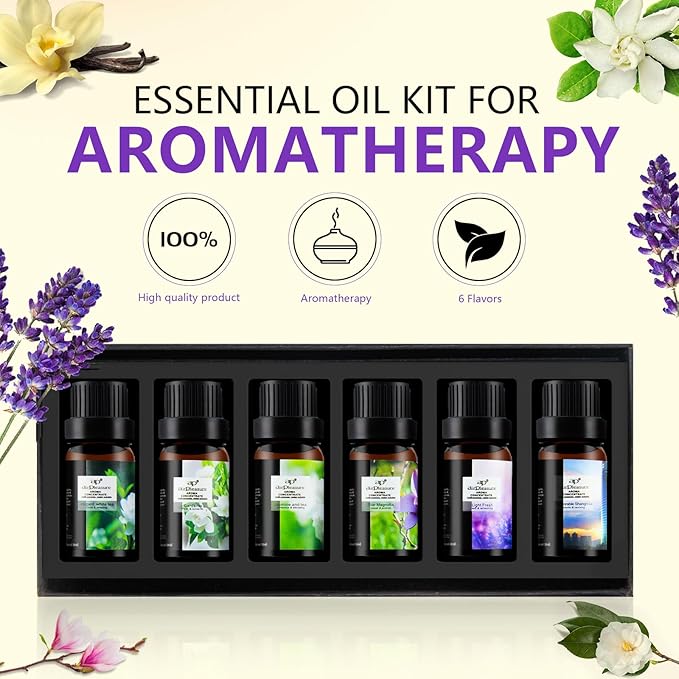 Flower Essential Oils Set, 6x10ml Aromatherapy Oil Gift Kit for Diffuser, Fragrance, Humidifier, Air Purifier- Gardenia, Magnolia, Shangri-La, Jasmine, White Tea, Lavender