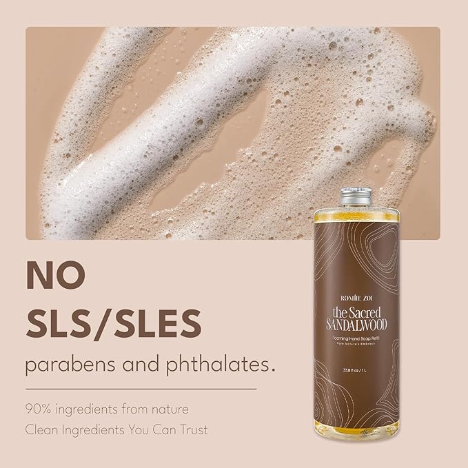 ROMIIE ZOI Foaming Hand Soap Refill Gift Set-3 Pack with Dispenser, Cruelty-Free and Biodegradable Formula, Moisturizing with Essential Oil for Sensitive Skin,Sandalwood Scent,(33.8 Fl Oz x 3)