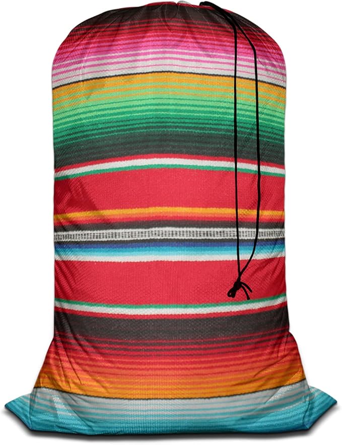 Swono Mexican Stripes Pattern Dining Toy Storage 28x40 Inch Heavy Duty Basket Laundry Bag with Drawstring Colorful Folding Organizer for Travel, Washing Machine, Oxford Cloth