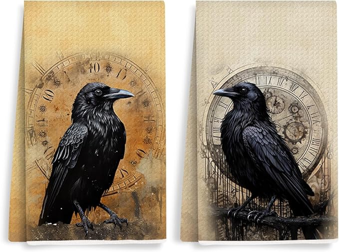 2 Pcs Gothic Raven Kitchen Towels, Vintage Clock Decorative Absorbent Microfiber Dish Cloth Tea Towel, Artistic Waffle Soft Hand Towels for Farmhouse Home Bathroom Kitchen
