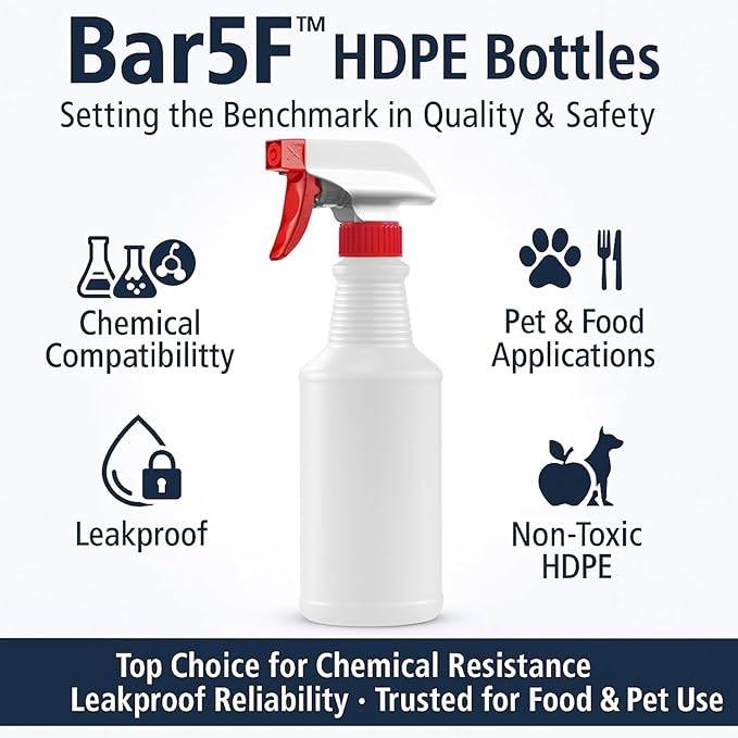 Bar5F 16-Ounce Spray Bottles | HDPE, BPA-Free, Phthalates-Free | All-Purpose, Chemical Resistant | Made in USA, 4- Pack
