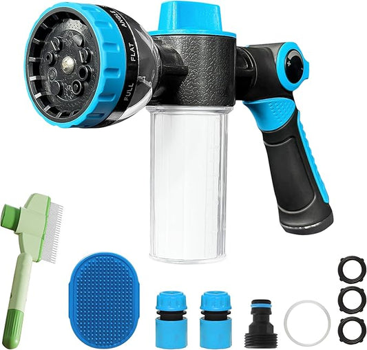 Dog Wash Hose Attachment, 10-in-1 Spray Mode Pet Shower Soap Sprayer with Grooming Comb Rubber Brush, Hose Nozzle with 100cc Soap Dispenser, for Watering, Car Wash, Dog and Horse Showering (Blue)