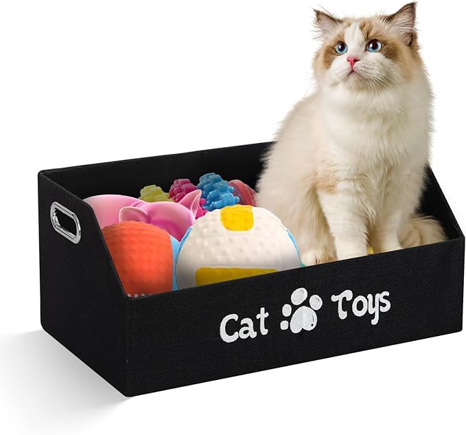 Cat Toy Basket, Kitten Toys Storage Organizer Foldable Fabric Bin Pet Supplies Chest Holder Trapezoid Container with Metal Handles for Organizing Cats Clothes Accessories, Black