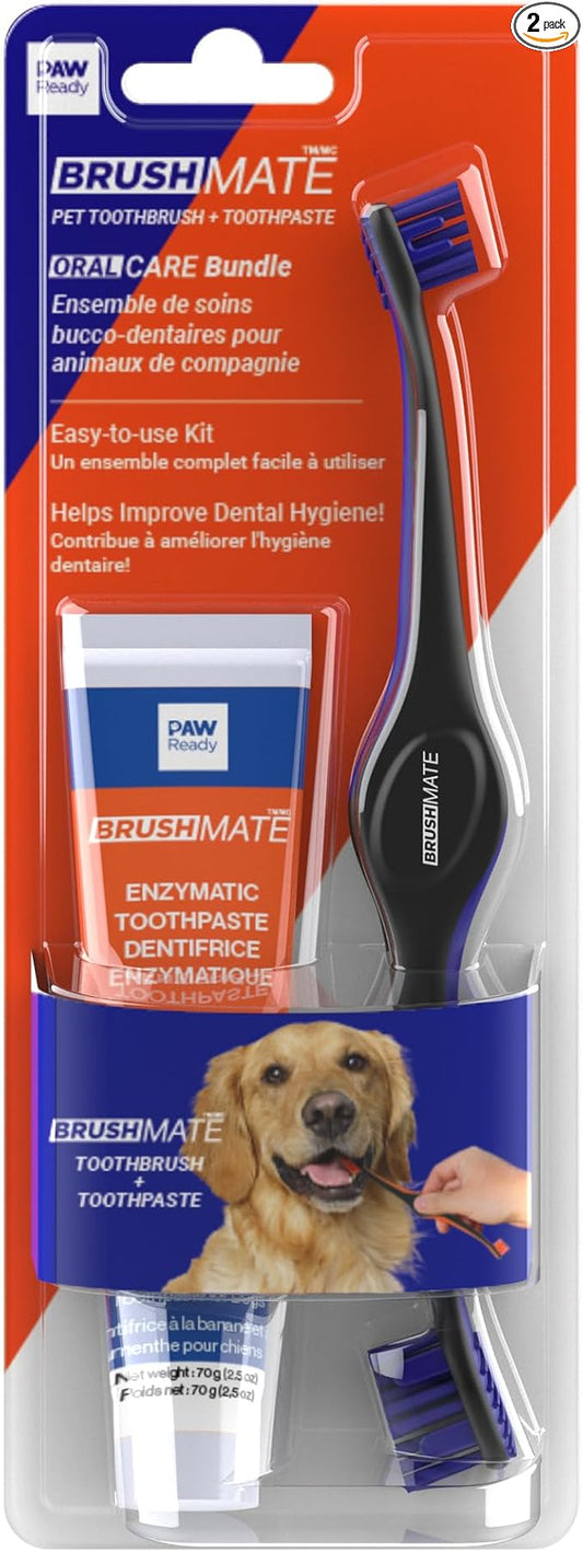 Paw Ready from Doggy Breath to Doggy Fresh Dog Dental Care Kit Includes Enzymatic Toothpaste for Dogs Plus BrushMate Dual Brush Head Toothbrush with Angled Bristles