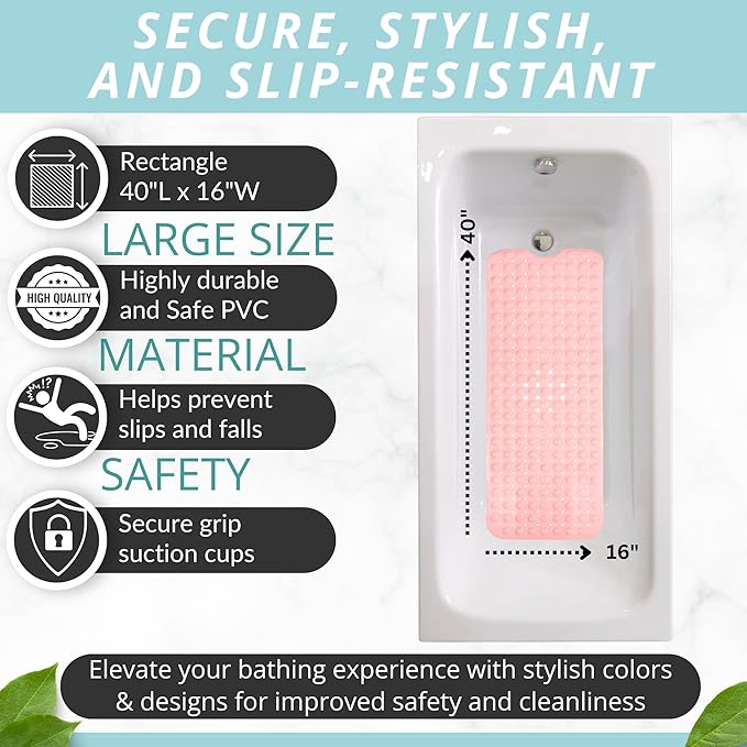 ENKOSI Bath Mat - Large Non Slip Bathtub & Shower Mat - Extra Long 40 x 16 Inch Bathroom Mats for Tub Nonslip Anti Slip Bathmats (40x16 Baby Pink 1-Pack)