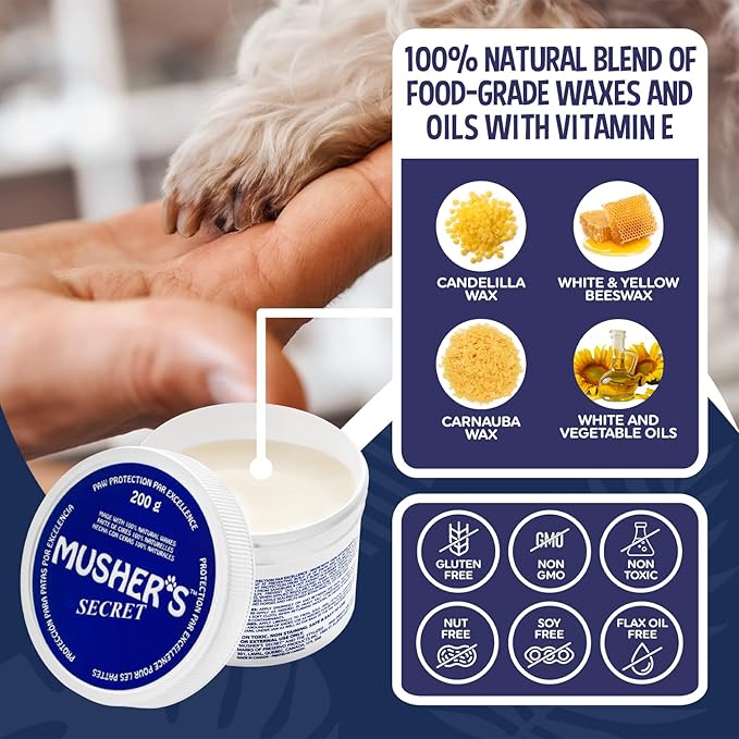 Musher’s Secret Dog Paw Wax 200g – Natural Paw Balm for Dogs with Vitamin E – Helps Protect Paws from Hot Pavement, Ice & Salt – Moisturizes Cracked Pads – Lick-Safe, Non-Toxic Dog Paw Protector