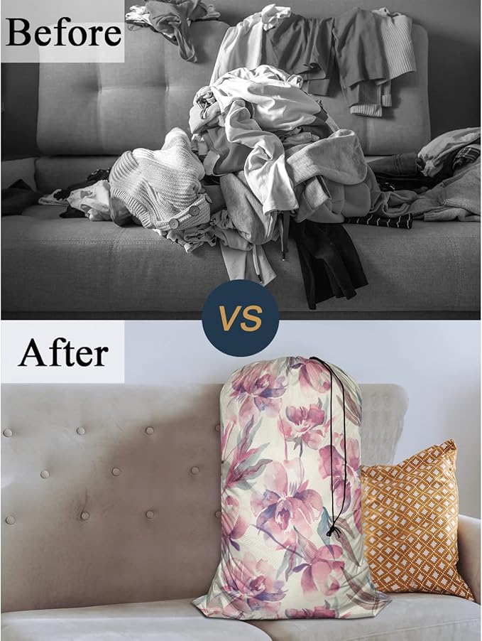 Swono Watercolor Floral Extra Large Laundry Bag with Drawstring Closure 28"x40", Leaf Plant Botanical Petal Bud Ink Flowers for Home, Dorm and Apartment Dwellers, Oxford Cloth, Pink