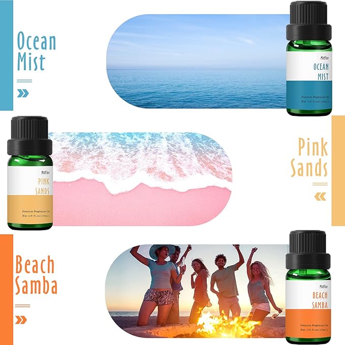Beach Fragrance Oils, MitFlor Premium Essential Oils for Diffusers for Home, 6x10 ml, Fragrance Oil for Candle Soap Making, Aromatherapy Diffuser Oils Scents, Coastal Linen, Ocean Mist and More