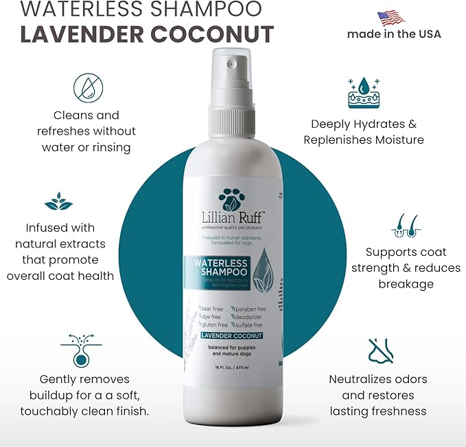 Lillian Ruff Waterless No-Rinse Dog Dry Shampoo Spray with Hydrating Essential Oils - pH-Balanced Dry Shampoo for Dogs - Clean, Condition, Detangle & Deodorize Dry, Sensitive Skin (Lavender Coconut)