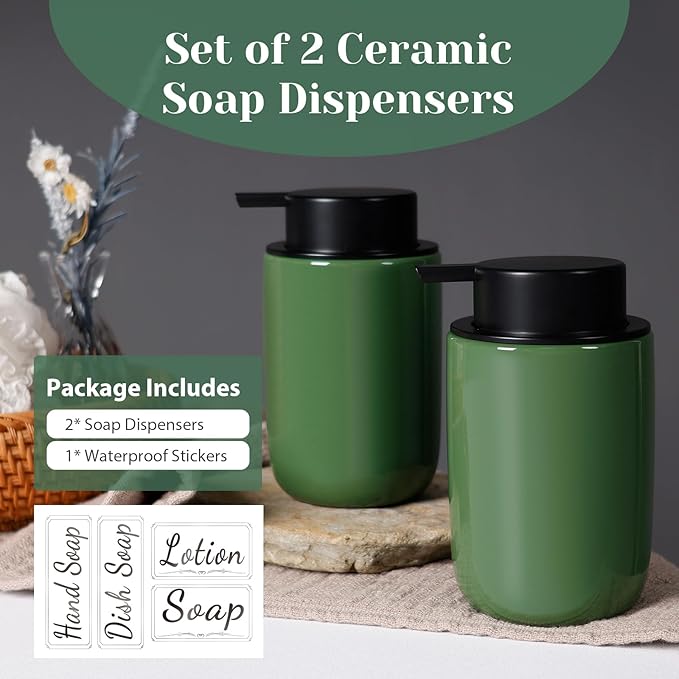 INGOFIN Ceramic Lotion Soap Dispenser Set, 2 Pack (12 oz) Bathroom Hand Soap Dispenser with Pump, Liquid Hand and Dish Soap Dispenser Set, 4 Pcs Clear Stickers, for Kitchen, Bathroom-Olive Green