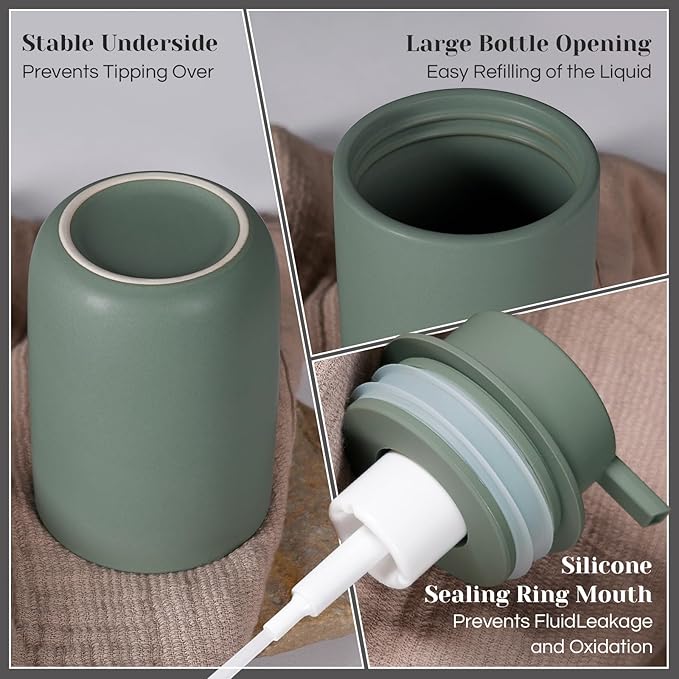 INGOFIN Ceramic Foaming Soap Dispenser Set, 2 Pack (12 oz) Bathroom Foam Hand Soap Dispenser with Pump, Hand and Dish Dispenser Set with 8 Pcs Clear Stickers,for Kitchen- Matte Green