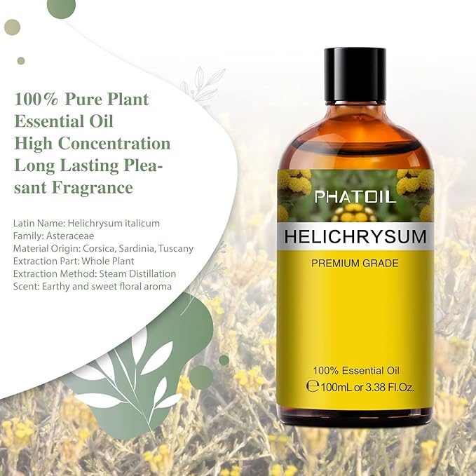 Helichrysum 3.38fl.oz Essential Oil, PHATOIL Pure Aromatherapy Oils for Diffuser, Humidifier, Perfect for DIY Soap, Candle, Bath Bombs Making(100ml)