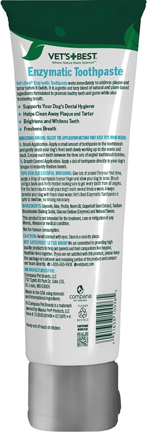 Vet’s Best Enzymatic Dog Toothpaste – Vet Formulated Dental Gel for Teeth Cleaning, Fresh Breath, Tartar Control, Plaque Remover & Oral Hygiene for Dogs, 3.5 oz