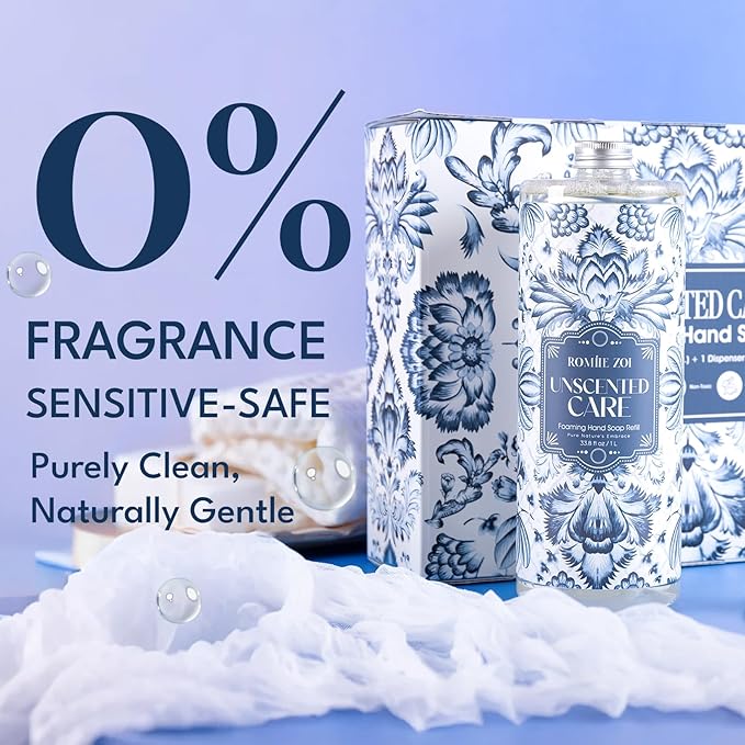 ROMIIE ZOI Foaming Hand Soap Refill Gift Set – Unscented – 3 Pack (1000ML Each) with Dispenser – Pure & Neutral, Gentle & Frangrance Free Formula – Bulk Refill Bottles for Bathroom & Kitchen Use