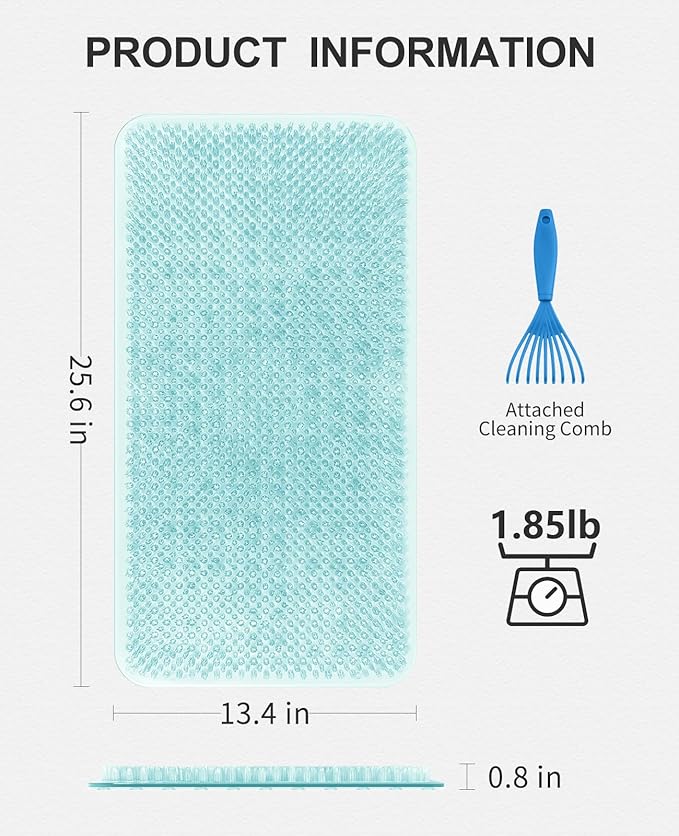 OTHWAY Non Slip Grassy Bathtub Mat : 25.6X13.4 inches Sturdy But Soft Bath Mat_Quick Drain Shower Floor Mat with Soft Bristles for Scrubbing Feet (Light Blue)