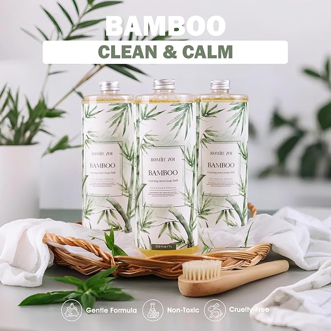 ROMIIE ZOI Foaming Hand Soap Refill Gift Set – 3 Pack (1000ML Each) with Dispenser – Bamboo Scent – Gentle & Moisturizing Plant-Based Formula – Bulk Refill Bottles for Bathroom & Kitchen Use