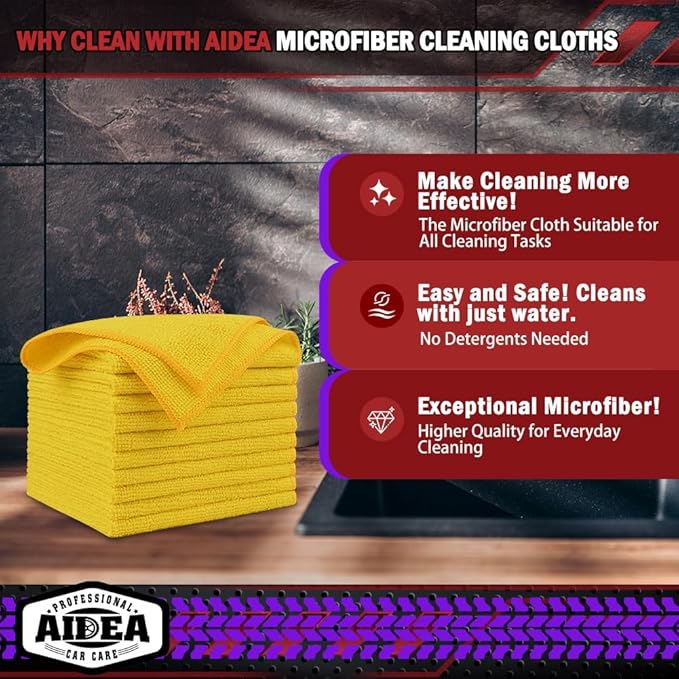 AIDEA Microfiber Cleaning Cloth, 20PK, Microfiber Towels for Cars, Premium All Purpose Car Cloths, Dusting Cloth Cleaning Rags, Absorbent Towels for SUVs, House, Kitchen, Window, 12"×12", Yellow