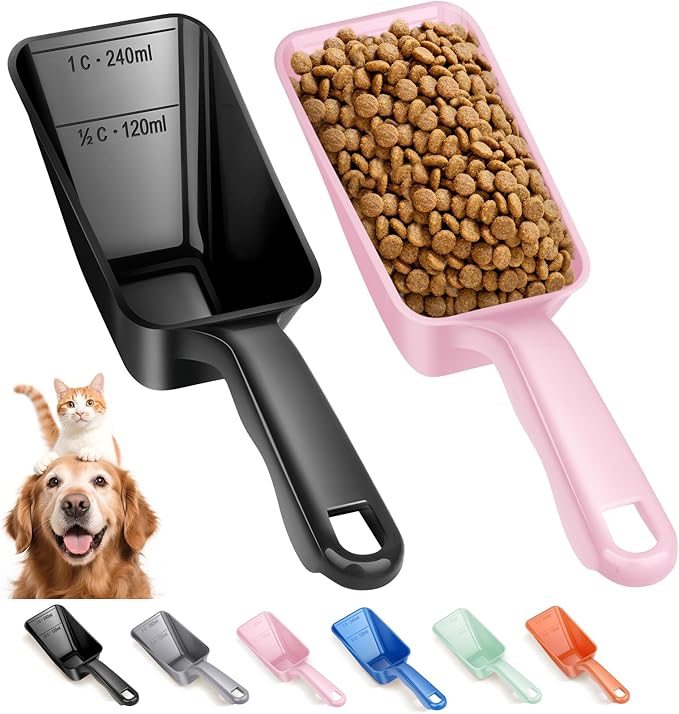 2-Pack Dog Food Scoop 1 Cup, Plastic Pet Food Measuring Scoop With Measuring Lines (1/2 & 1 Cup Markings) for Dogs, Cats, Fish, Bird（Black and Pink)