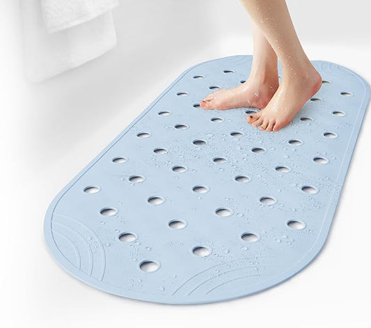 Rubber Bathtub Mat Shower Mat Non-Slip, 31x14 Inch, Bath Tub Floor Mat with Suction Cups and Drainage Holes, Light Blue