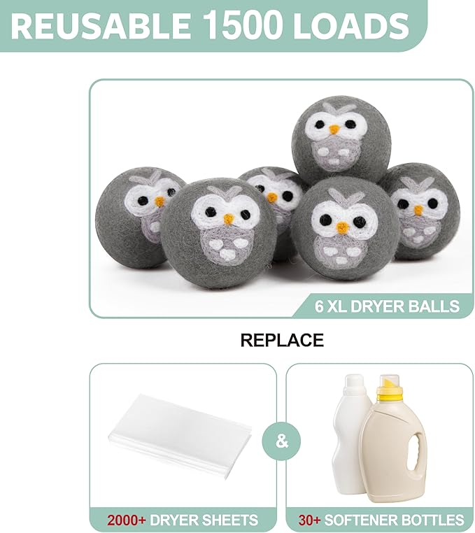Calindiana 100% Organic Premium New Zealand Wool Dryer Balls Laundry Reusable Fabric Softener, Cute Dryer Sheets Alternative, Anti Static XL Size 6 Pack, Grey Owl