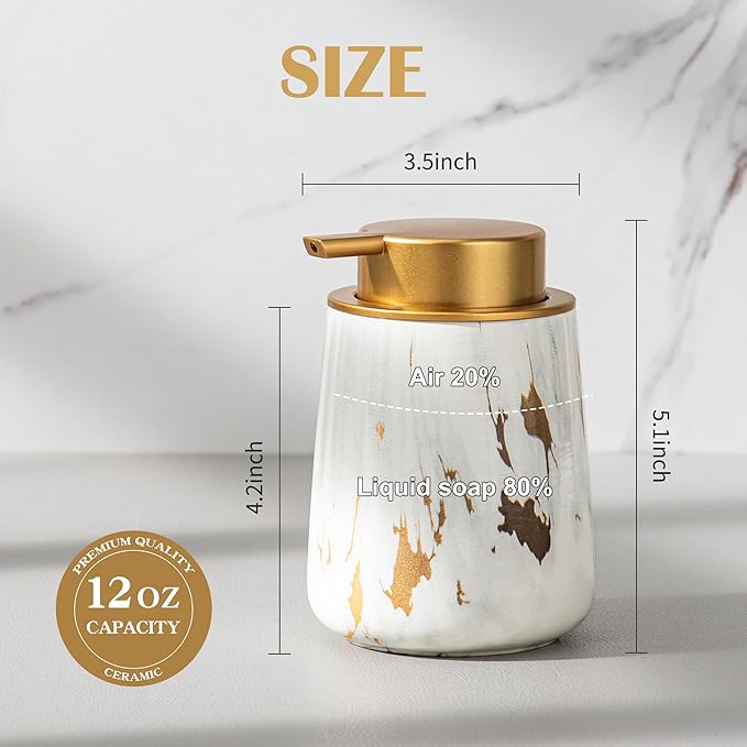 Enra Ceramic Gold Foaming Soap Dispenser,12 oz Marble Foam soap Dispenser Bathroom Refillable Hand Soap Dispenser for Bathroom Kitchen with Easy-to-Press Pump (Glod Foam Type)