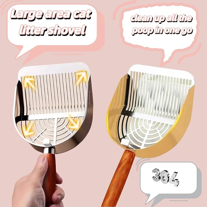 Heavy Duty Aluminum Alloy Cat Litter Scoop with Stand | Beech Wood Grip + Long Handle for Comfort | Deep Sifter for Fast, Efficient Poop/Litter Cleaning | Durable for Litter Box (Black Round hole row)