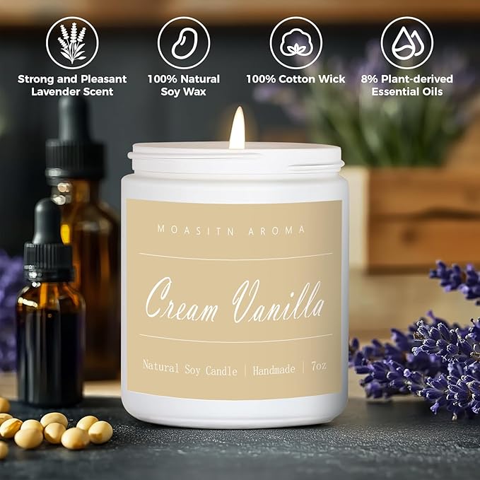 MOASITN Cream Vanilla Highly Scented Candles for Home| Natural Soy Aromatherapy Candle| Handmade Long Lasting Jar Candle| Candel Gift for Women,Men as Summer,Birthday,Housewarming,Relaxing Gifts| 7oz