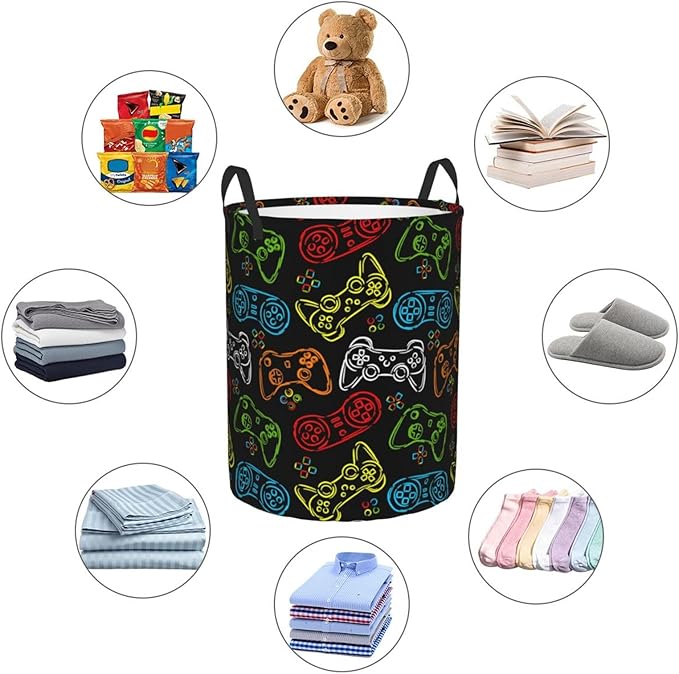 Colorful Game Joystick Silhouettes Laundry Hamper Bag With Waterproof Liner - Round Laundry Basket Foldable Clothes Storage Organizer For Bathroom Bedroom Nursery Dorm, M-19.6"X 15.7"