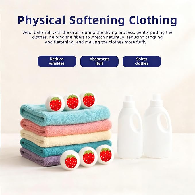Wool Dryer Balls，New Zealand Wool Laundry Balls for Dryer (Pack of 6, Strawberry Handmade Pattern)，Softens Clothes,Naturally Reduces Drying Time and Static Electricity
