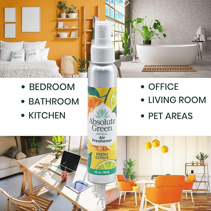 Absolute Green Air Freshener Room Spray, Non-Toxic, Cover Odors, Safe around Kids and Pets, Natural Fresh Citrus Scent 4oz (Pack of 2)