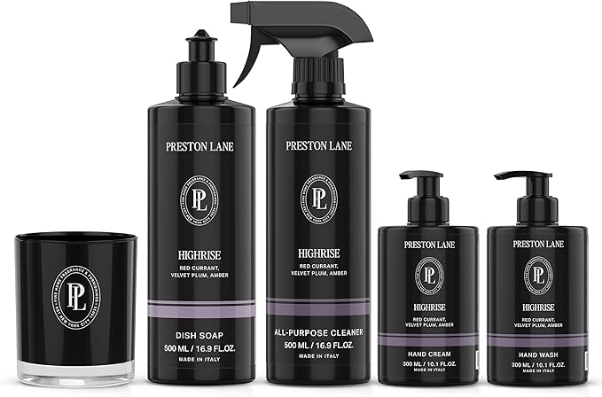Preston Lane Signature Home Set – All Purpose Cleaner, Dish Soap, Hand Wash, Hand Cream & Scented Candle | Plant-Powered Cleaning & Care Essentials with Fine Italian Fragrance, Highrise