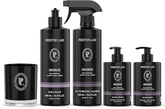 Preston Lane Signature Home Set – All Purpose Cleaner, Dish Soap, Hand Wash, Hand Cream & Scented Candle | Plant-Powered Cleaning & Care Essentials with Fine Italian Fragrance, Highrise