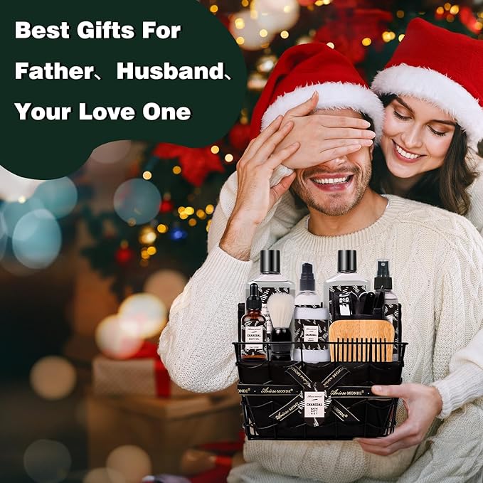 Father Day Gift for Men Spa Gifts for Men, Charcoal Bath and Body Gift Set for Men, 10 Pcs Spa Kits Ideal Birthday, Christmas. Men's Relaxation Bath Baskets, Self Care Kit