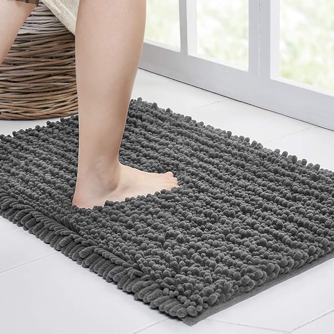 Walensee Bathroom Rug Non Slip Bath Mat (44x24 Inch Grey) Water Absorbent Super Soft Shaggy Chenille Machine Washable Dry Extra Thick Perfect Absorbant Best Large Plush Carpet for Shower Floor