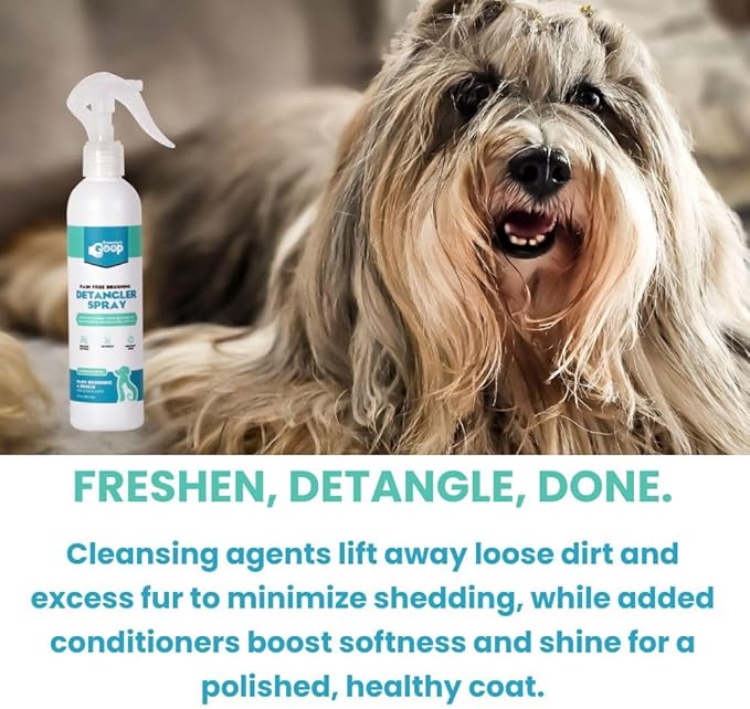 Groomer’s Goop Pain Free Brushing Detangler Spray – Tangle-Reducing Leave-in Formula Softens & Smooths Dog & Cat Coats, Gently Removes Dirt & Loose Fur, Reduces Shedding, Dye-Free – 8 oz Bottle