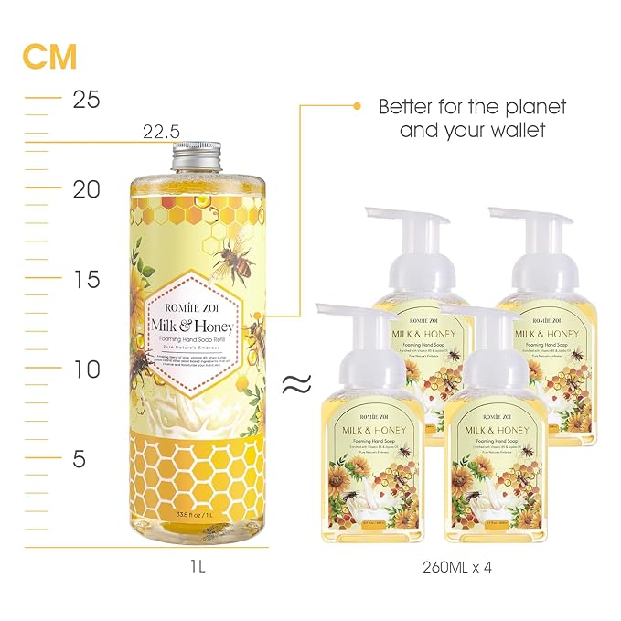 ROMIIE ZOI Foaming Hand Soap Refill Gift Set – Honey & Milk Scent – 3 Pack (1000ML Each) with Dispenser – Gentle & Moisturizing Plant-Based Formula – Bulk Refill Bottles for Bathroom & Kitchen Use