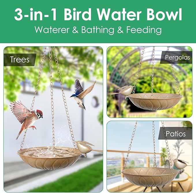 2 Pack Hanging Bird Bath for Outside, Metal Birds Feeder & Water Bowl with Chains and S-Hooks,Birdbath Hanging for Outdoors Bird Feeder Seed Tray Garden Yard Decor (Rustic Gold)