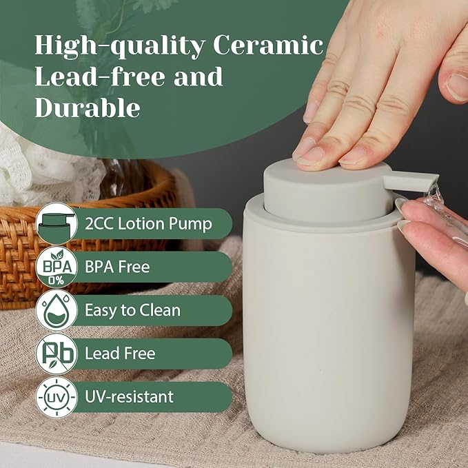 INGOFIN Ceramic Lotion Soap Dispenser Set, 2 Pack (12 oz) Bathroom Hand Soap Dispenser with Pump, Liquid Hand and Dish Soap Dispenser Set, 8 Pcs Clear Stickers,for Kitchen, Bathroom- Grey