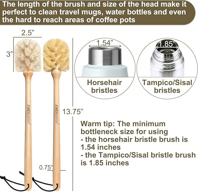 Bottle Brushes with Natural Bristles, 13-3/4 Inch Long Wood Handle Bottle Brush Cleans and Scrubs Wide Mouth Jars, Glasses, Vases, Mugs and Pitchers, Sisal + Horsehair Bristles 2 Pack
