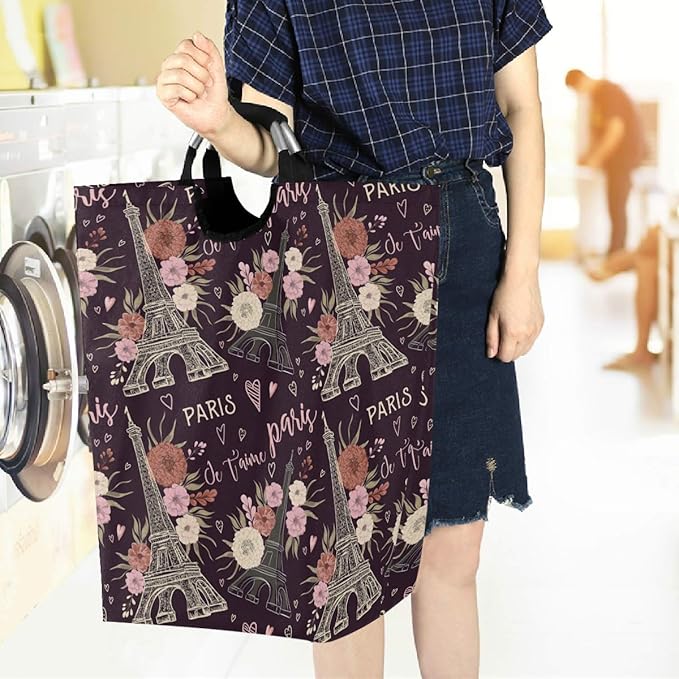 visesunny Vintage Paris Large Laundry Hamper with Handle Foldable Durable Clothes Hamper Laundry Bag Toy Bin for Bathroom, Bedroom, Dorm, Travel