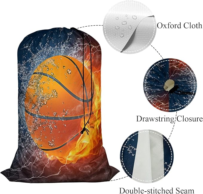Swono Travel Laundry Bag, Basketball Ball In Fire Water Sport Spark Lightening Game Machine Washable Dirty Clothes Organizer, Large Enough to Hold 4 Loads of Laundry, Easy Fit a Laundry Hamper or
