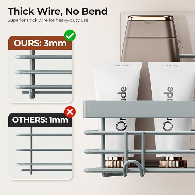 Orimade Shower Caddy with 5 Hooks for Hanging Razor and Sponge Adhesive Shower Shelf Basket Bathroom Storage Organizer Kitchen Rack No Drilling Stainless Steel Rustproof - 2 Pack, Light Blue Grey