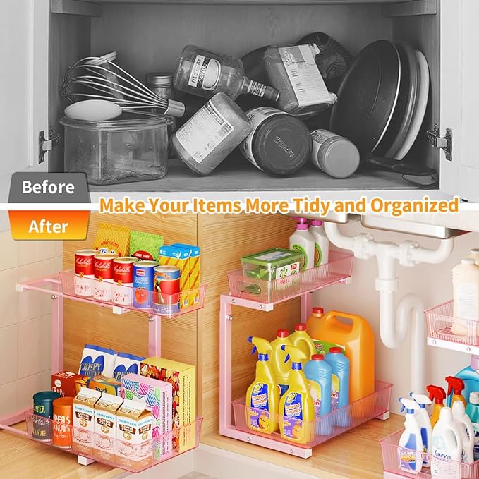 Under Sink Organizer, Under Sink Organizers and Storage with Adjustable Height and PET Basket, Pull Out Under Cabinet Organizer for Counter Kitchen, Vanity, Laundry, Pantry (1Pack)