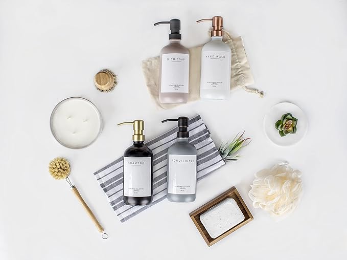 Emerson Soap Dispenser, Dish Soap Dispenser for Kitchen, Soap Dispenser Bathroom Set, Hand Soap Dispenser, Kitchen Soap Dispenser Set, Glass Soap Dispenser with Pump and Labels - 16 Oz - 2 Pack