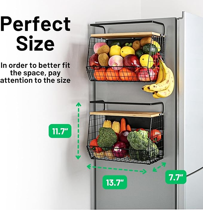 2 Set Magnetic Shelf for Refrigerator with Wood Lid, Fruit Potato & Onion Storage Bins, Pantry Organizers & Storage, Large Container Magnetic Spice Rack for Refrigerator, Kitchen Counter, Cabinet