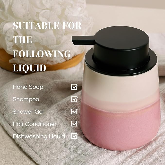 INGOFIN Ceramic Foaming Soap Dispenser - 12oz Foam Hand Soap Dispenser Bathroom, Refillable Modern Dish Dispenser with Pump for Kitchen, Beige and Pink